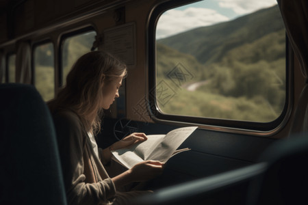 在火车床边阅读的女生背景图片