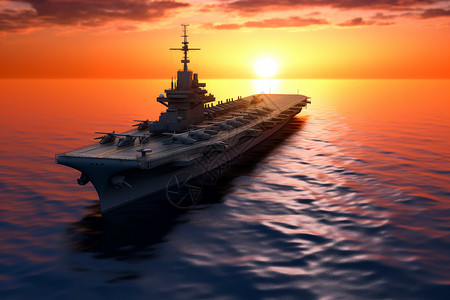 红色的海夕阳下海上的军舰设计图片