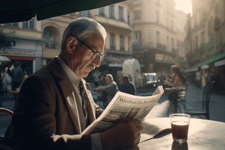在街边看报纸的老人背景图片