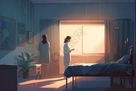 人在床上在病房里的护工和患者插画