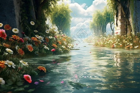 洪水中绽放的花朵背景图片