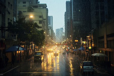 倾盆大雨雨水浸透的街道背景