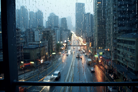强烈的雨水和城市景观之间的对比背景图片