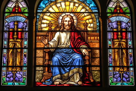 教堂玻璃上的基督画像高清图片