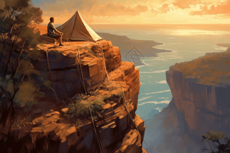 高处的男人在悬崖边上露营景象插画