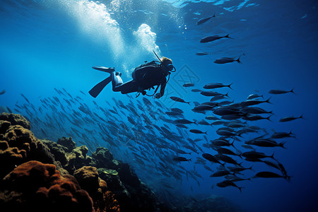 海洋里鱼群海洋里的潜水员背景