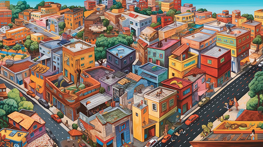 壁画小镇城市的彩色建筑插画