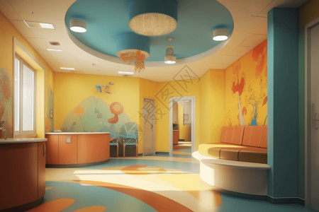 走廊设计多彩的儿科诊所插画