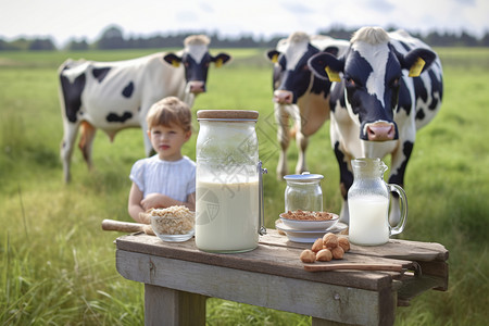 坐奶牛上男孩农村的小女孩和牛背景