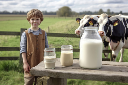 坐奶牛上男孩农村的奶牛和男孩背景