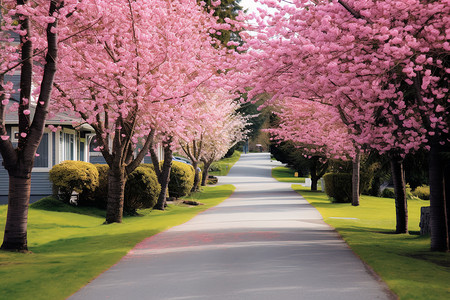 街道花园公园里樱花盛开的道路背景