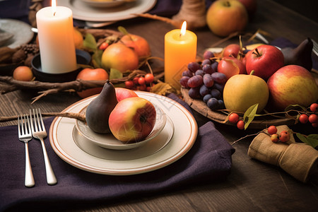 木桌子上的蜡烛苹果高清图片