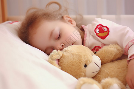 黄头发的小女孩婴儿与小熊一起睡觉背景