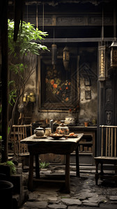 中式桌椅村落中式庭院插画