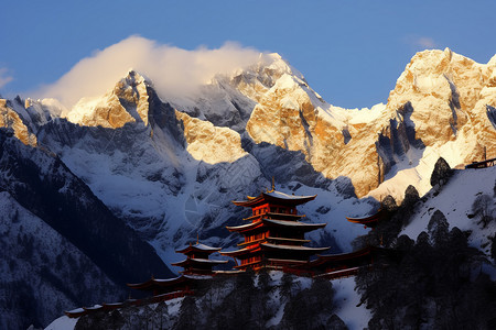 雪山下的寺庙高清图片