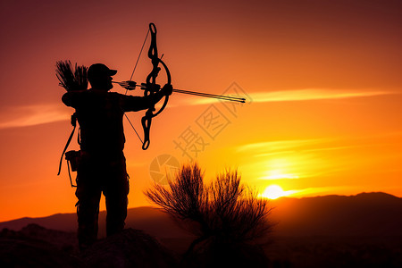 射箭剪影黄昏时户外狩猎者的剪影背景
