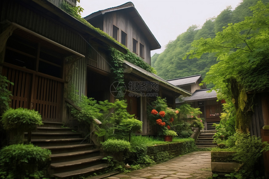 铺满绿色植物的农舍图片