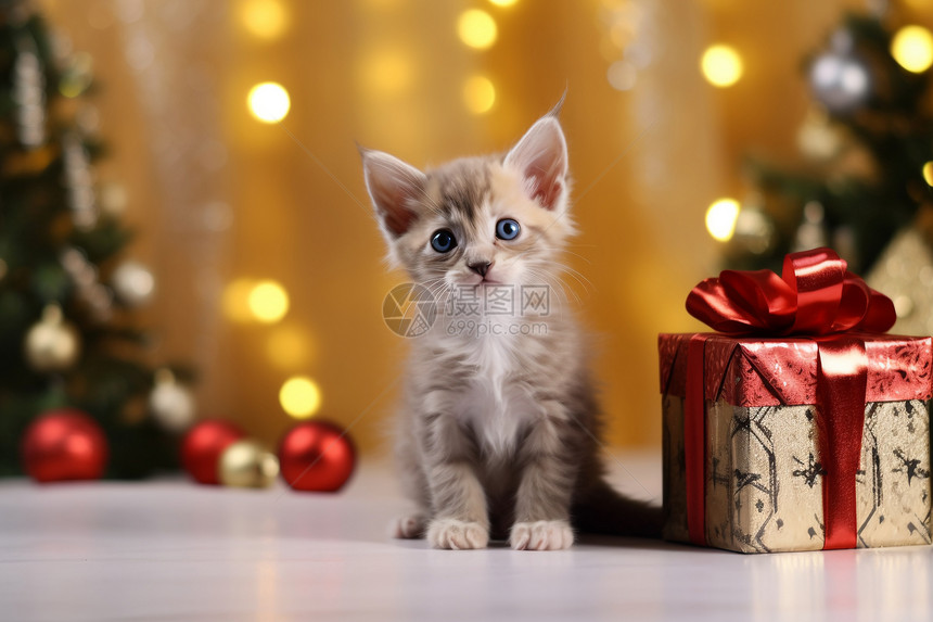 圣诞礼物旁的小猫图片