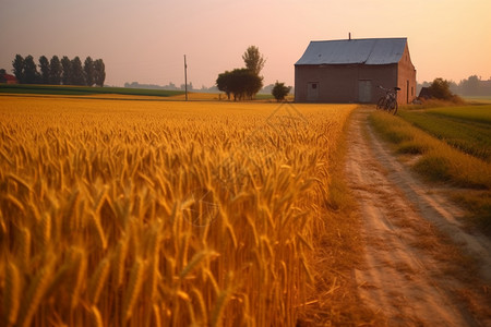 夕阳下金黄色的麦田背景图片