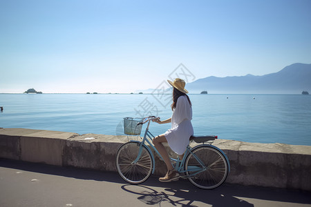 假期骑行在海边骑行的女孩背景