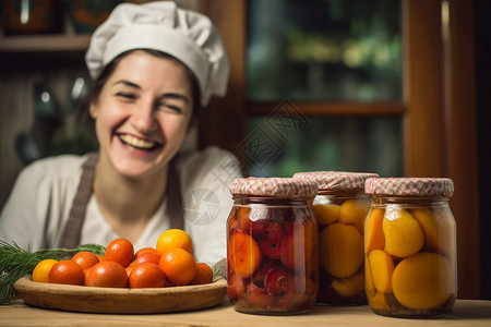 自制罐装水果后的女厨师背景图片