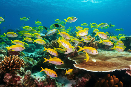 海底的珊瑚礁旁边有着各种鱼类图片