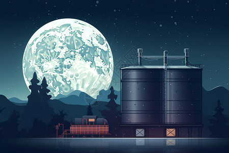 工厂晴朗夜空月光下的工厂插画