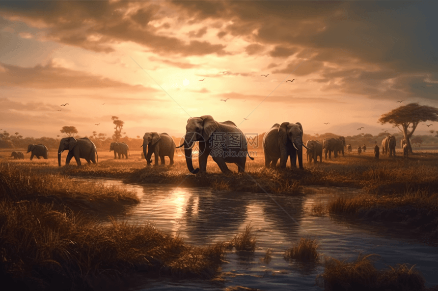大象在大草原中间过河图片