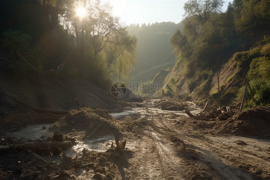 山谷中泥石流破坏的道路图片