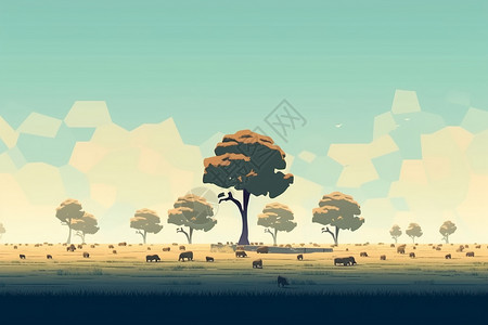 平坦大草原有一棵单树和一群羊在远处吃草插画
