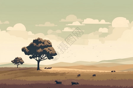 平坦大草原平原上有一棵单树和一群羊在远处吃草插画