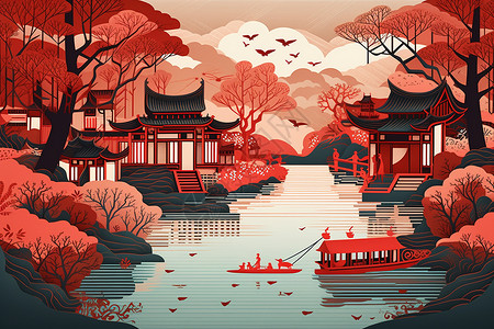 仙鹤剪纸多维剪纸宁静的河水蜿蜒穿过一片风景插画