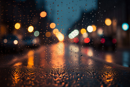 城市中透明玻璃上的雨滴背景图片
