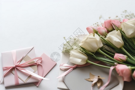 白色康乃馨鲜花白色的礼物盒和美丽的鲜花背景
