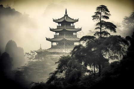 笼罩在薄雾中的中国宝塔图片