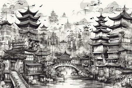 城市古建筑水墨风格插画背景图片