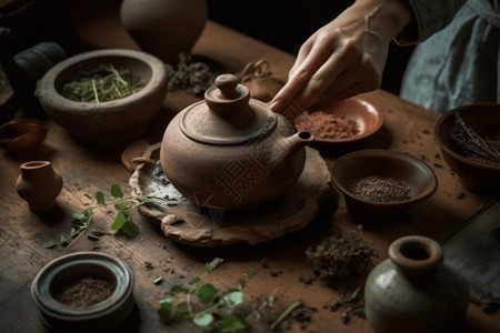 传统的草药凉茶的茶壶背景图片