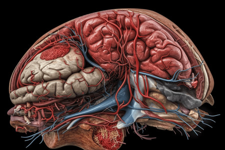 头部血管素材带有肿瘤的大脑的横截面插画