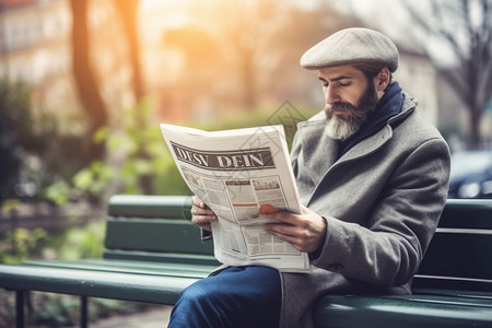 坐在长椅上看报纸的男人背景图片
