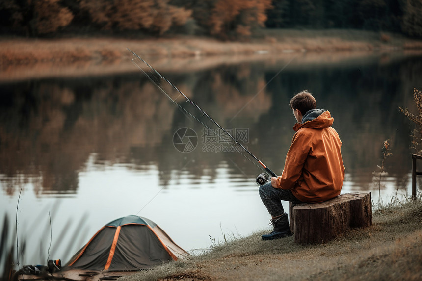 湖边的钓鱼人图片