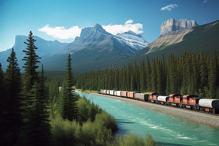货运列车路过山脉背景图片