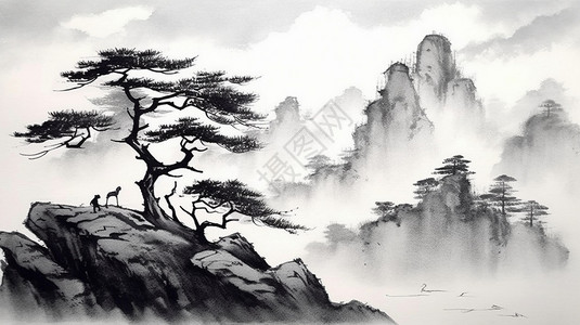 黑色水墨墨迹中国风写意山脉插画