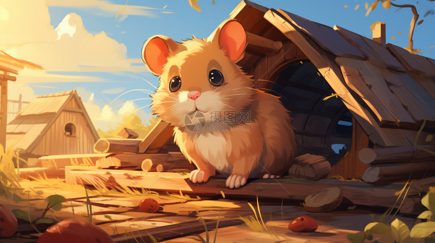 一个建造木屋的仓鼠图片