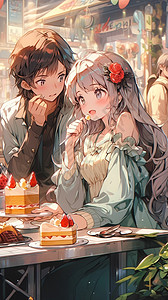 情侣在餐厅吃蛋糕插画