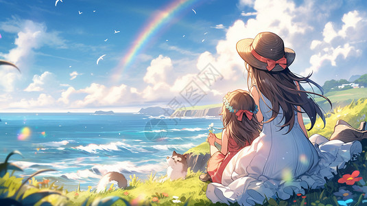 海边美少女在海边看彩虹的少女插画