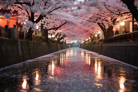 樱花落在河里城市公园自然景观背景