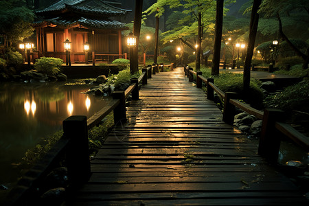 日式木板桥花园背景图片