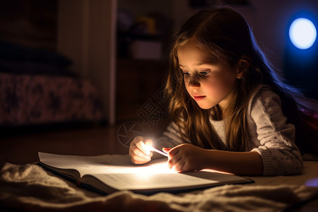 夜晚看书的小女孩图片