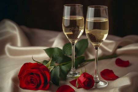 浪漫的香槟和玫瑰花图片