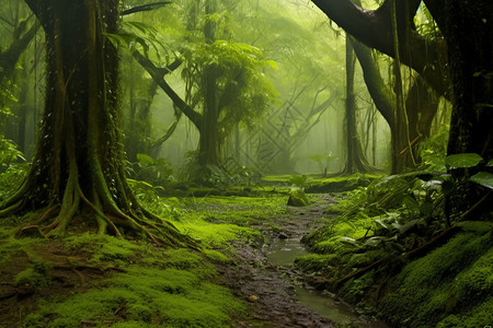 森林中的苔藓和树木潮湿高清图片素材